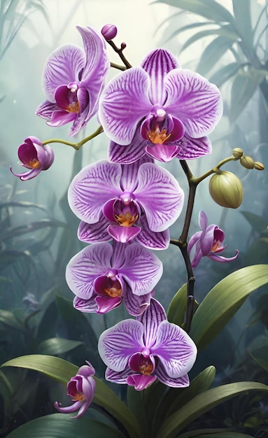 purple orchids are displayed in a garden with green leaves