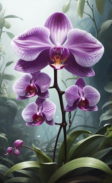 purple orchids are displayed in a green room