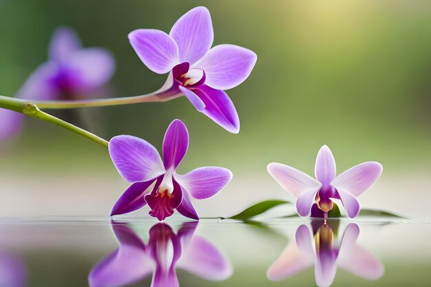 Purple orchids are reflected in a pool of water