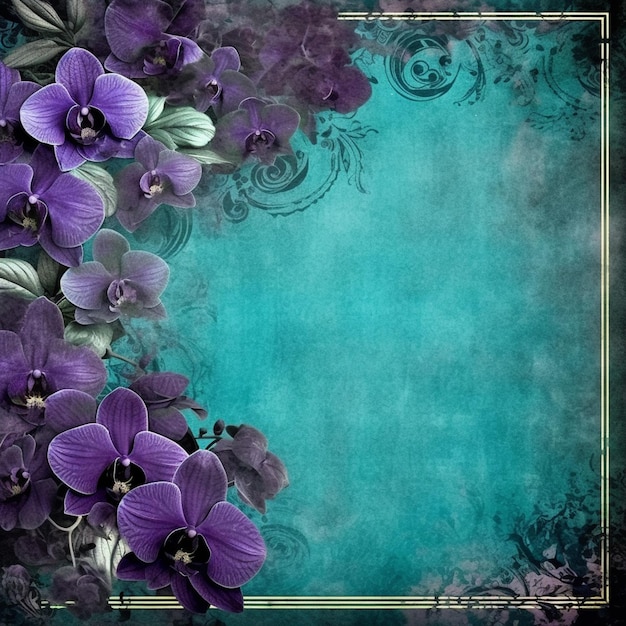 Фиолетовые орхидеи и синий фон с золотой границей