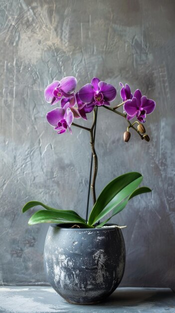 Photo purple orchids in a dark ceramic pot against a textured grey backdrop