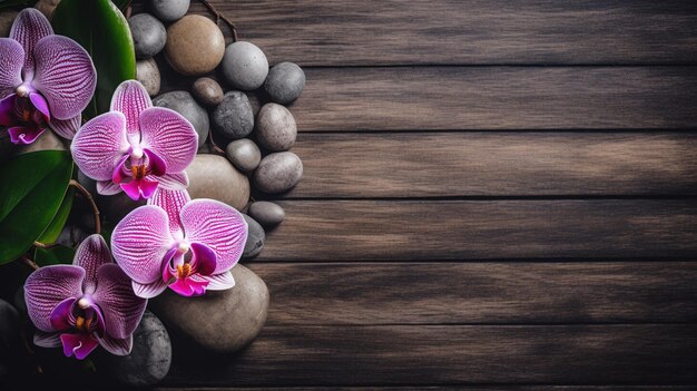 Foto orchidee viola e pietre su una superficie di legno con uno sfondo scuro ai generativo