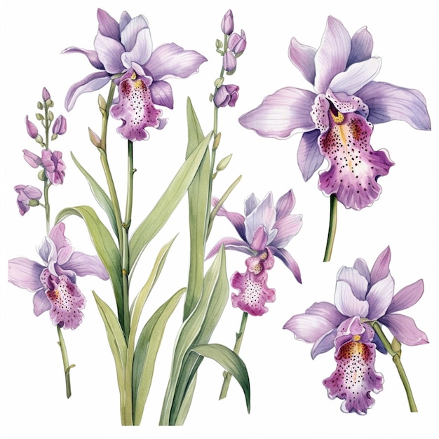 purple orchids with green leaves and purple flowers on a white background generative ai