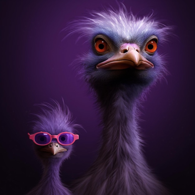 Фиолетовый страус в очках и генеративный искусственный интеллект на фиолетовом фоне