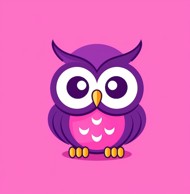 a purple owl with big eyes sits on a pink background.