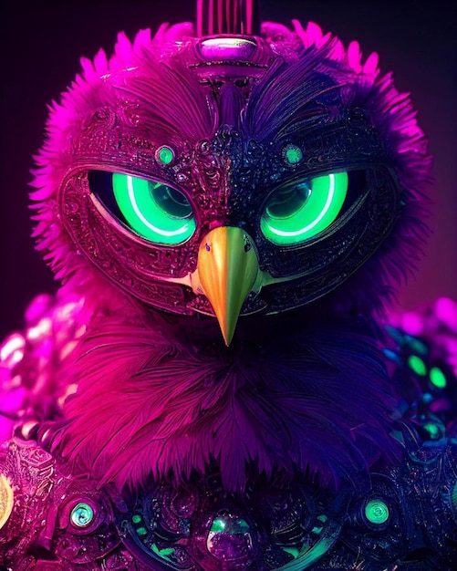 A purple owl with green eyes and a yellow beak is in the dark.