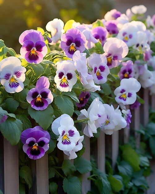 Purple Pansies in Front of a Fence