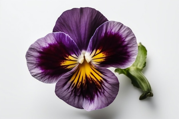 A purple pansies with a green leaf on the top.