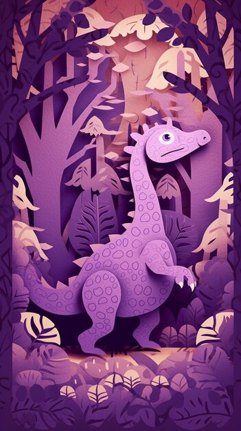 Purple paper cut of a dinosaur in a forest generative ai