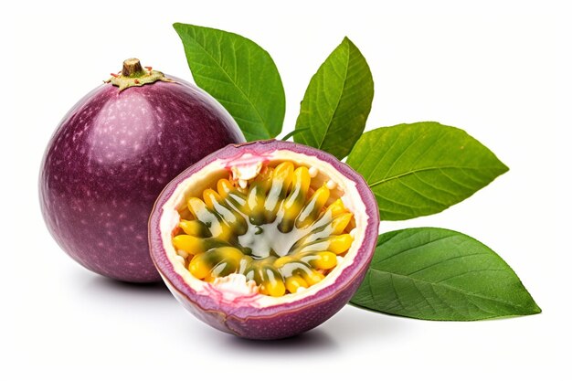 Purple passion fruit passiflora edulis with cut in half and green leaf isolated on white background