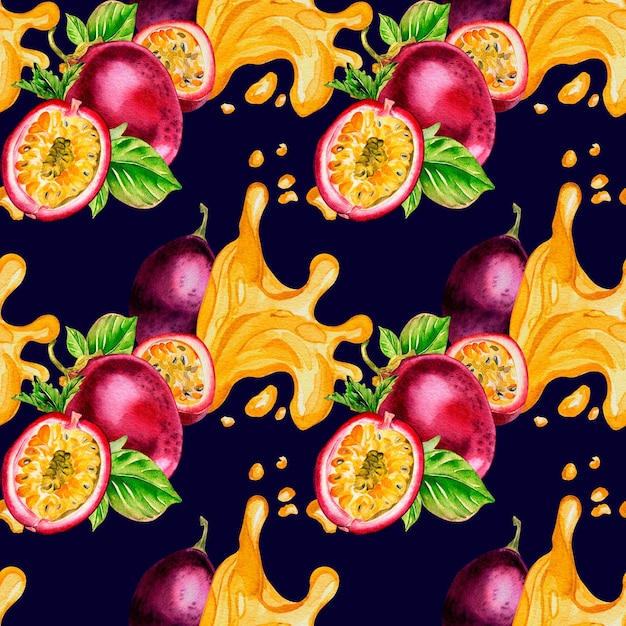 Purple passion fruit and splash juice watercolor seamless pattern isolated on blue background