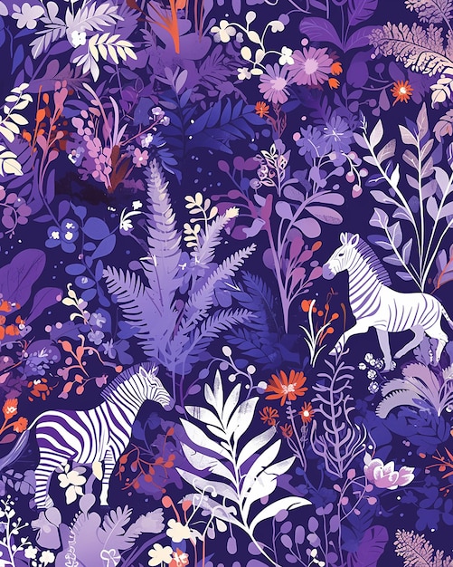 A purple pattern with small zebra and a very limited amount of palm leaves and flowers There should be lots background in a dark blue