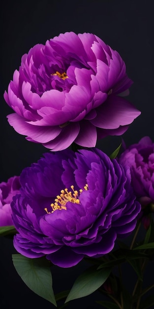 Purple peony flowers isolated on black background