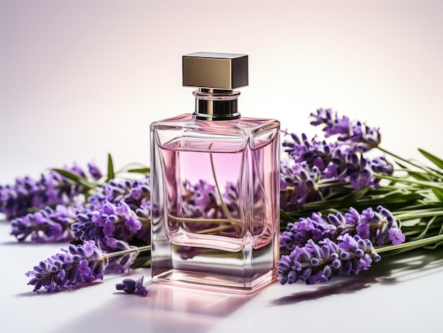 a purple perfume bottle surrounded by lavender on a white background