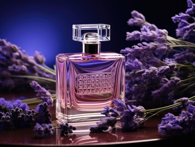 a purple perfume bottle surrounded by lavender
