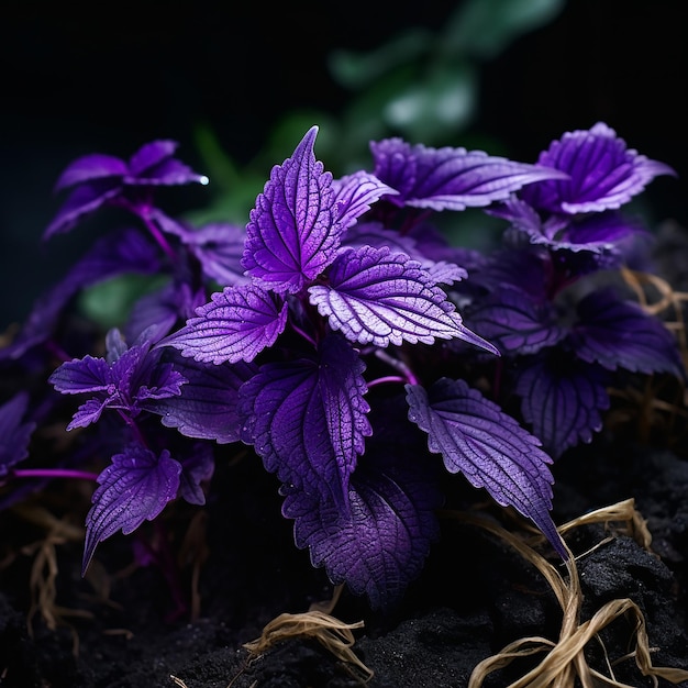 紫紫蘇の濃い色合いのユニークな植物の葉