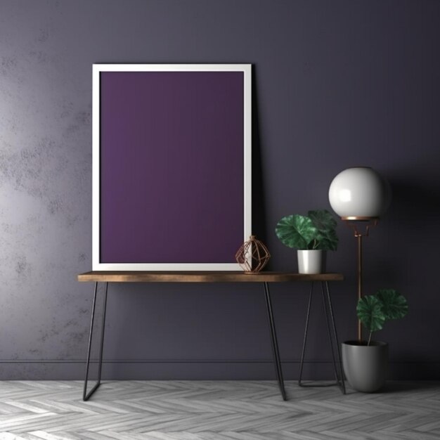 A purple picture frame is on a wooden table in a dark room.