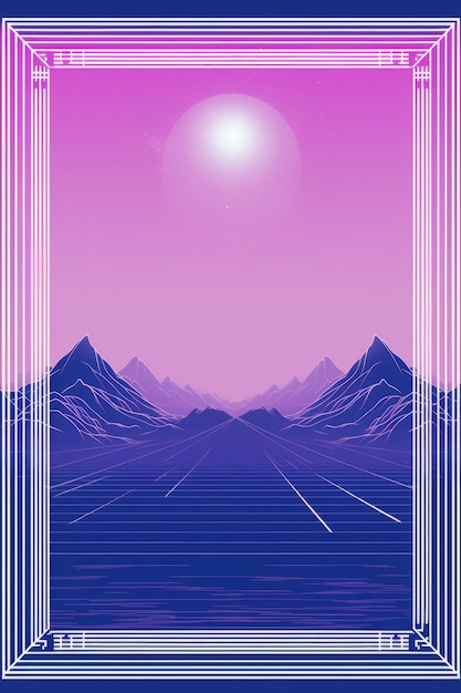 A purple and pink background with mountains and a sun in the sky