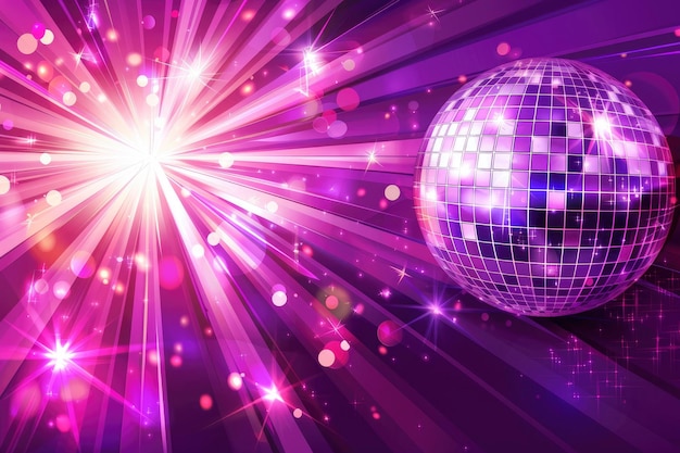 A purple and pink background with rays of light shining from the left with a large disco ball in front it