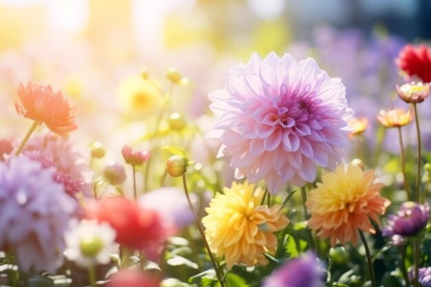 紫、ピンク、美しい色とりどりの花が咲く庭、屋外公園、美しさ、夏の牧草地