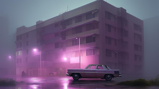 A purple and pink car sits alone in a foggy parking lot surrounded by a tall building with windows