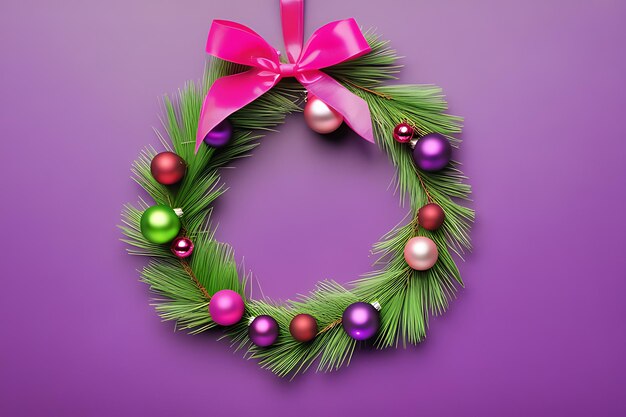 Purple pink christmas ornaments and gifts on green background