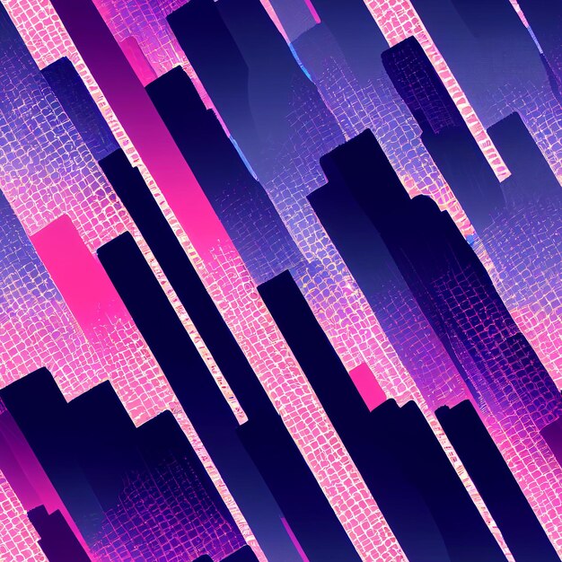 A purple and pink cityscape background with a purple cityscape