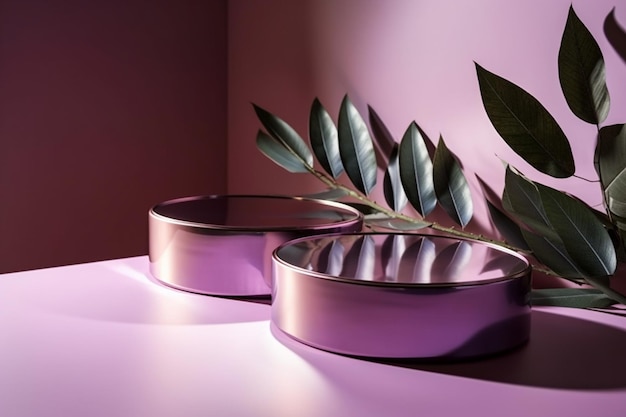 A purple and pink display of two purple containers with leaves and a green branch.