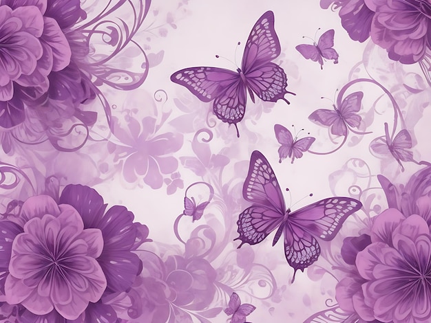 紫とピンクの花の背景に 巻きと蝶が描かれています
