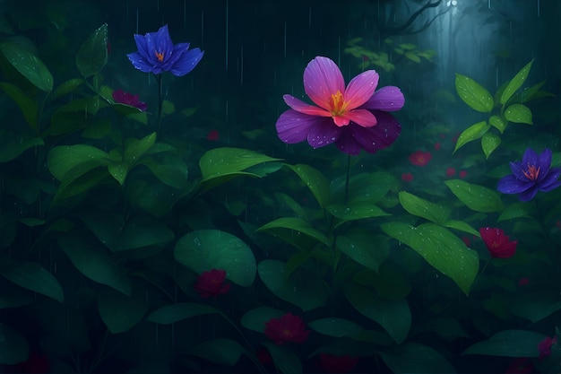 雨の中の紫とピンクの花