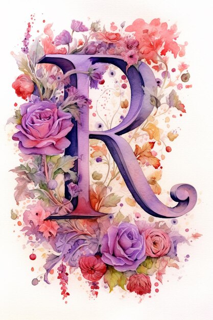 purple and pink flowers are painted on a white background with the letter r generative ai