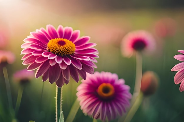 purple and pink flowers in a field of grass