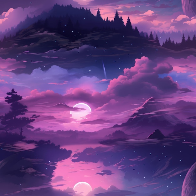 Photo a purple and pink landscape with mountains and trees