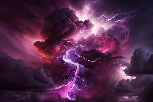 A purple and pink lightning storm with a purple sky and clouds.