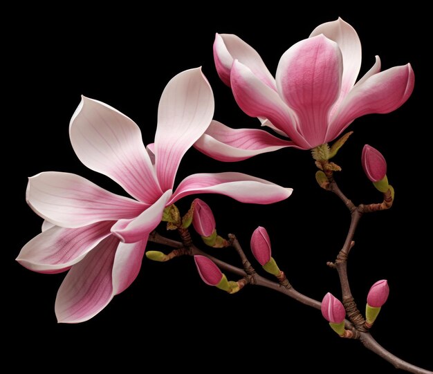 Purple pink magnolia flower isolated on black background with clipping path