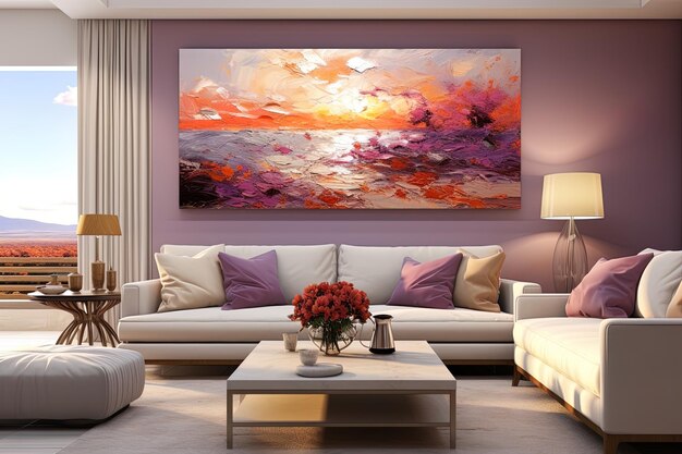 a purple and pink painting is on the wall above a couch