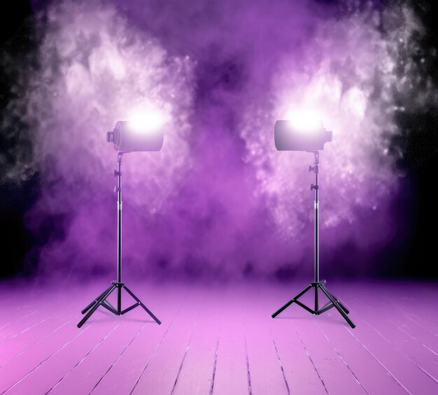 A purple and pink photo of two lights on a stage