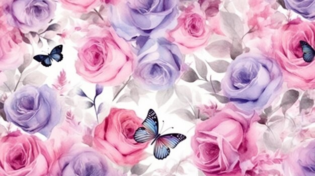 purple and pink roses and butterflies on a white background generative ai