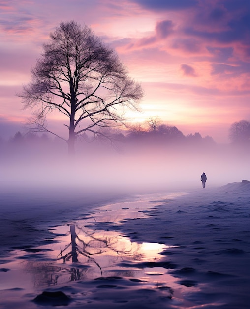 紫とピンクの空で ビーチで歩いている孤独な人