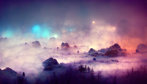 Foto un cielo viola e rosa con un po'di nebbia e alcuni alberi