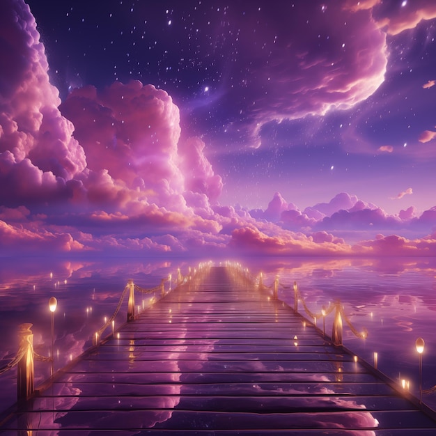 purple and pink sky with stars and clouds and a pier generative ai