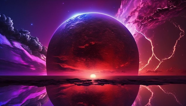 A purple planet with a sunset in the background