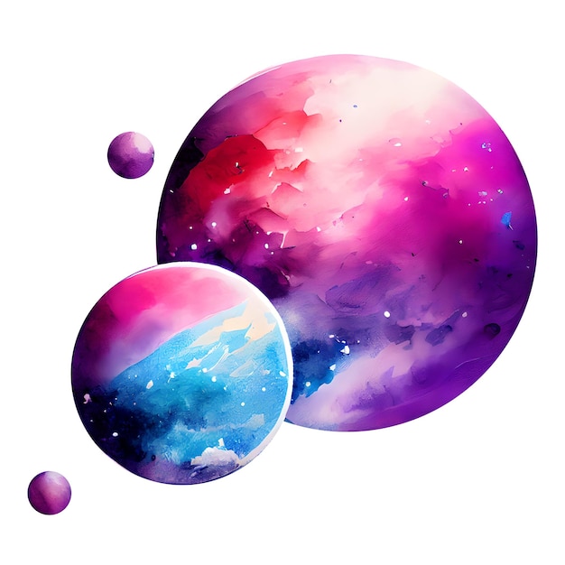 Purple planets watercolor Illustration isolated on white Generative AI