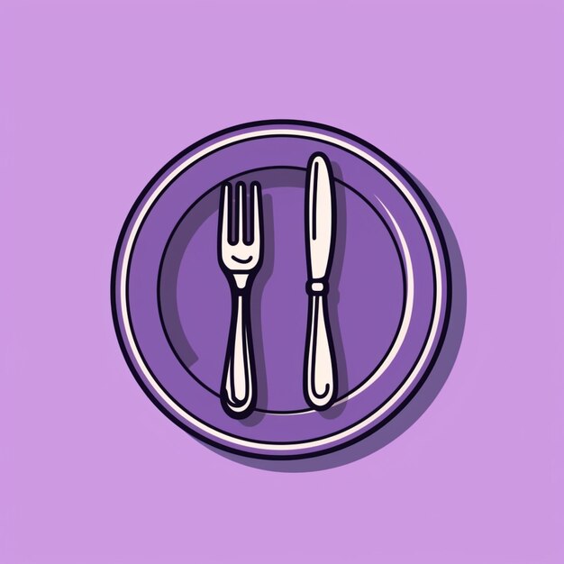 Photo purple plate with fork and knife on it on a purple background generative ai