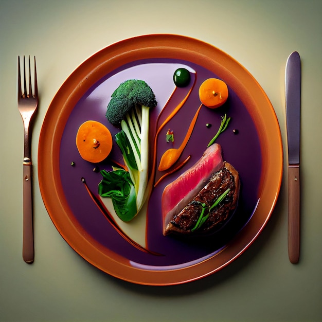 Фиолетовая тарелка с тарелкой еды с брокколи и морковью.