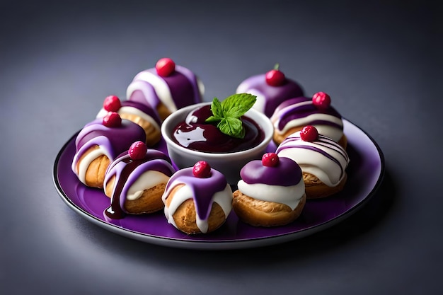 Purple plate with purple desserts and a bowl of cherry sauce.