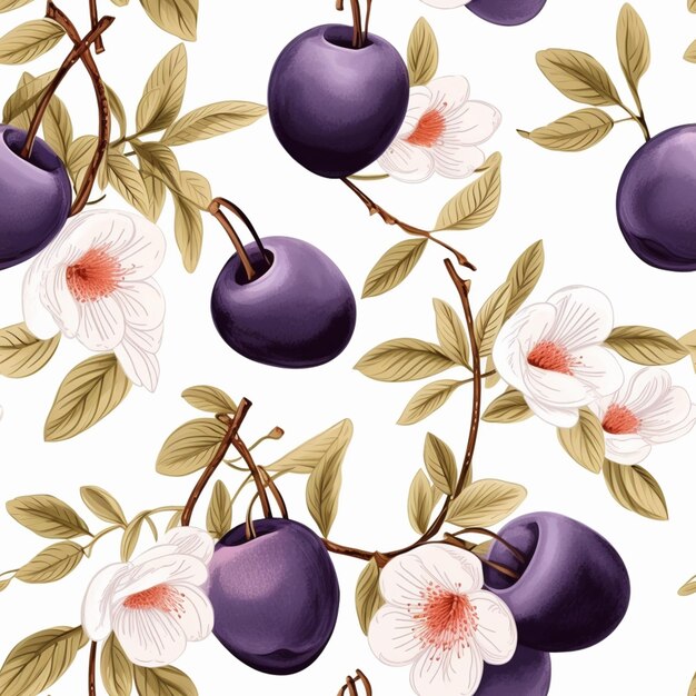 Photo purple plums and white flowers on a white background generative ai