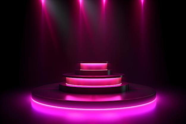 A purple podium stage with a purple spot lights on it