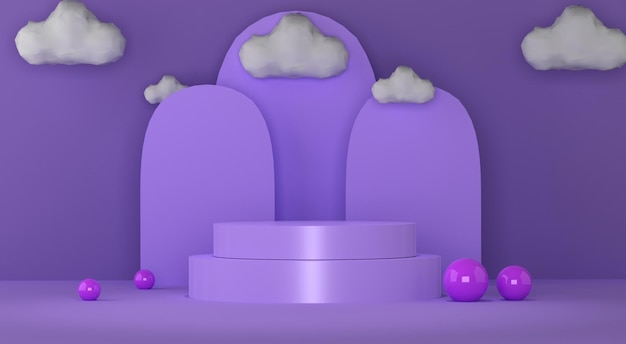 A purple podium with clouds in the background