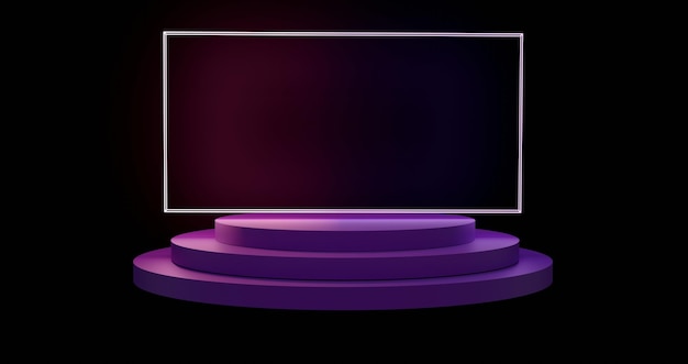 Photo purple podium with laser frame and glowing neon empty pedestal with 3d render lighting and beams